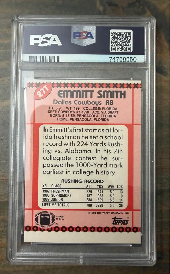 🏈 1990 Topps Traded #27T Emmitt Smith – PSA 9 (OC) – Cowboys Legend