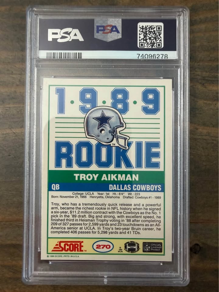 🏈 1989 Score #270 Troy Aikman Rookie Card – PSA 9 Mint 🏈