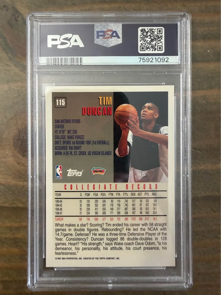 🏀 Tim Duncan Rookie Gem 💎 1997 Topps #115 PSA 10 – Spurs Legend