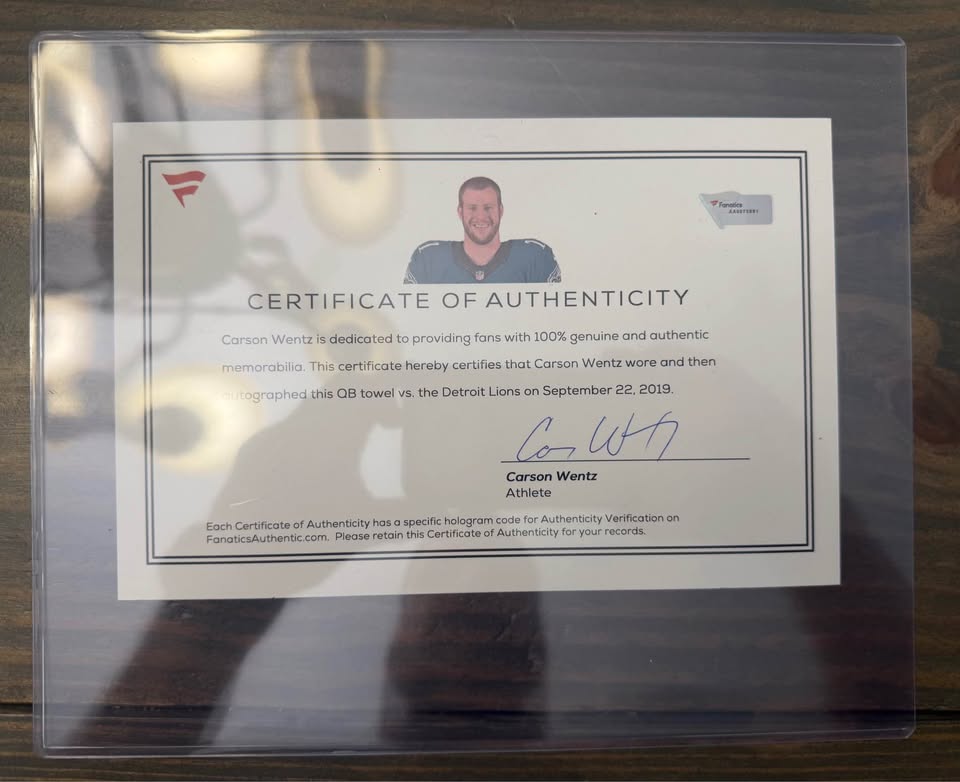 🏈 Carson Wentz Dual-Signed Game-Used QB Towel + Autographed COA – Fanatics Authenticated