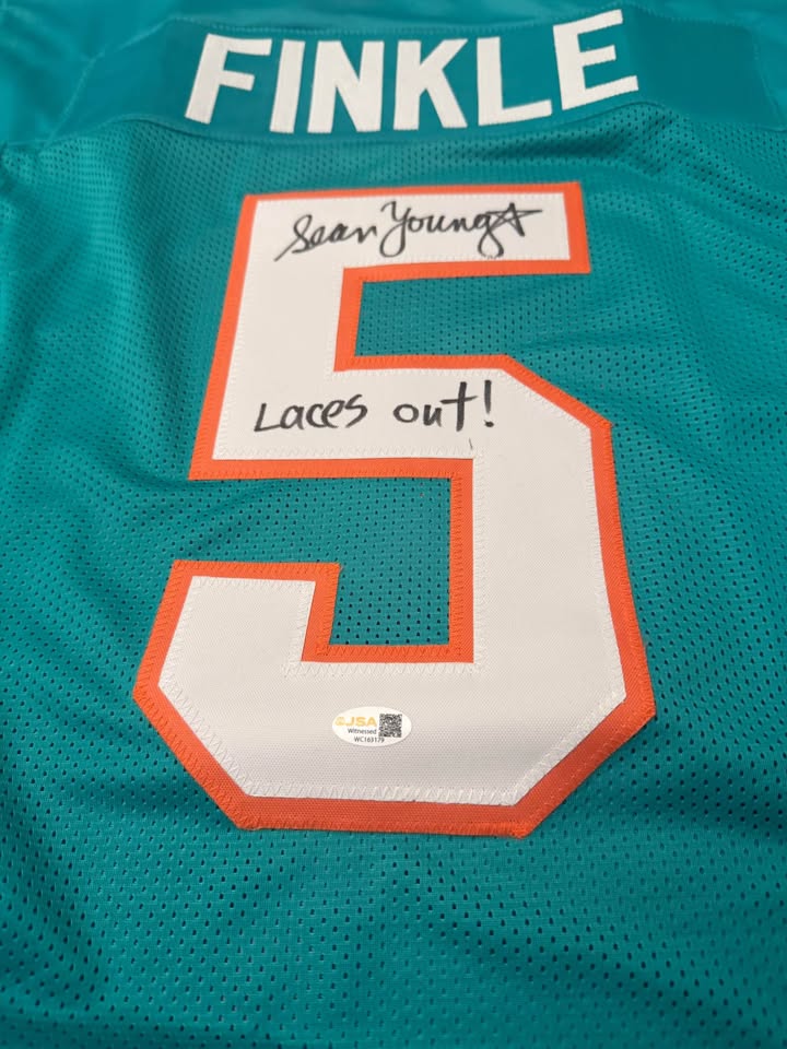 🎬🏈 Autographed “Ray Finkle” Miami Dolphins #5 Jersey – Signed by Sean Young – JSA- Ace Ventura