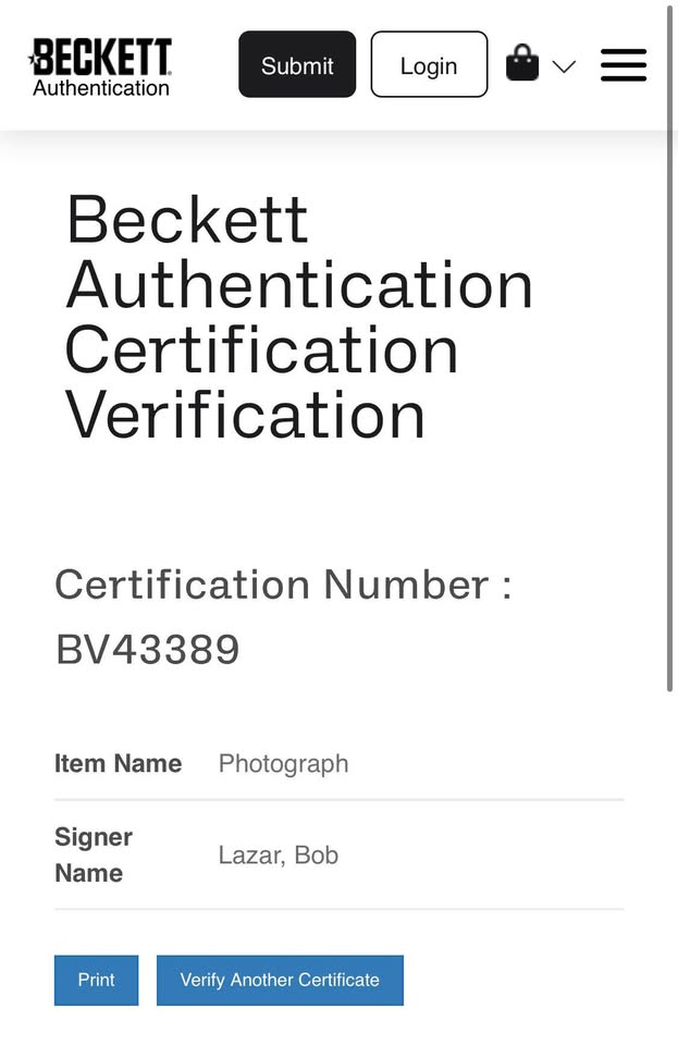 🔬 Bob Lazar Signed Photograph – Beckett Authenticated (BAS) $100