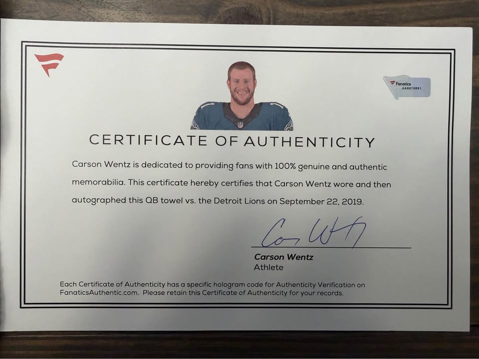 🏈 Carson Wentz Dual-Signed Game-Used QB Towel + Autographed COA – Fanatics Authenticated