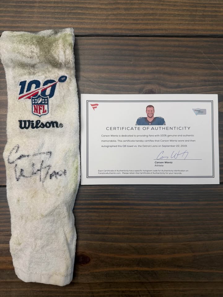 🏈 Carson Wentz Dual-Signed Game-Used QB Towel + Autographed COA – Fanatics Authenticated