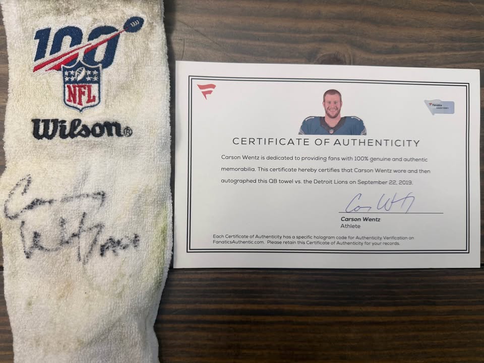 🏈 Carson Wentz Dual-Signed Game-Used QB Towel + Autographed COA – Fanatics Authenticated