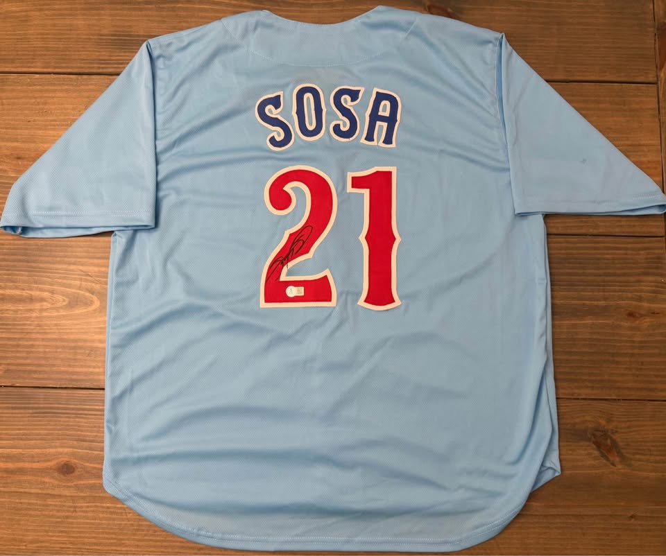 Sammy “Slammin’ Sammy” Sosa Autographed Custom Jersey (Beckett Witnessed!)