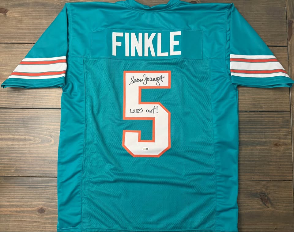 🎬🏈 Autographed “Ray Finkle” Miami Dolphins #5 Jersey – Signed by Sean Young – JSA- Ace Ventura
