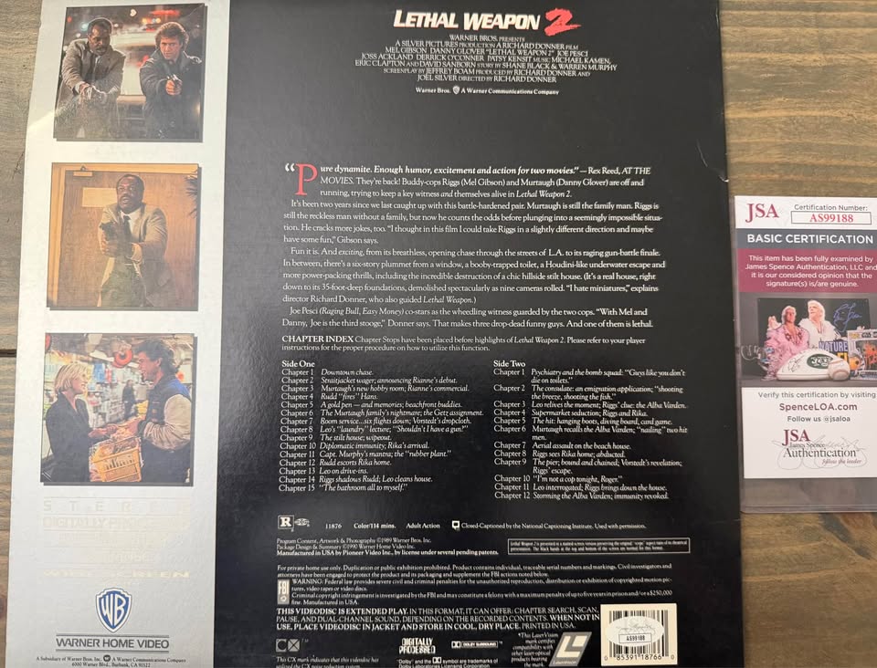 🎬 RETRO Danny Glover Signed Lethal Weapon 2 LaserDisc – JSA Authenticated $199