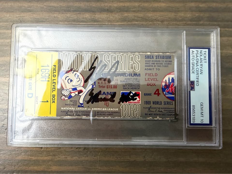 ⚾🔥 56-Year-Old 1969 World Series Ticket Signed by Nolan Ryan – “Miracle Mets” Inscription – PSA/DNA