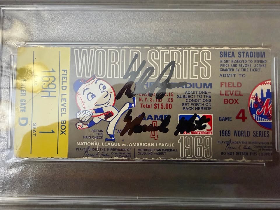 ⚾🔥 56-Year-Old 1969 World Series Ticket Signed by Nolan Ryan – “Miracle Mets” Inscription – PSA/DNA